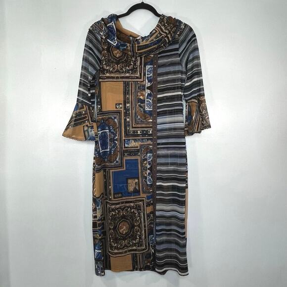 ANAC Women Mesh Abstract Print Dress cowl Neck Sz L Boho Art 90s Y2K bell Sleeve - Picture 2 of 12